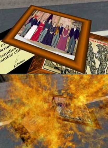 Imágenes extraídas de la película <i>Sin IU no soy nada,</i> con la quema de fotos de la familia real por parte del Gaspar Llamazares virtual.
