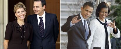 José Luis Rodríguez Zapatero y Sonsoles Espinosa; y a la derecha, Barack Obama y su esposa, Michelle, al dejar ayer la Casa Blanca camino de Londres.