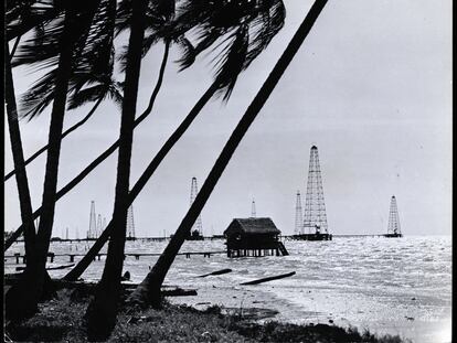 Petroleum platforms in the lake of Maracaibo, Venezuela, in February 1944.