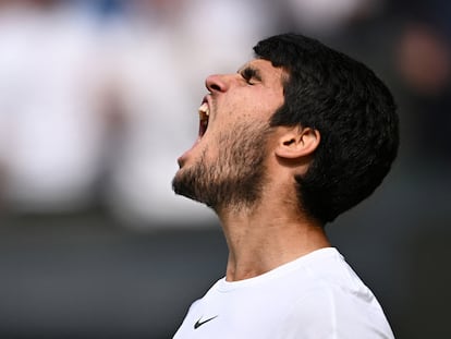 Carlos Alcaraz celebrates a point during the final against Novak Djokovic at Wimbledon.