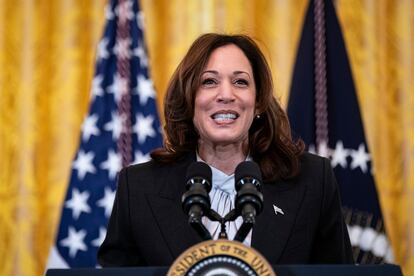 US Vice President Kamala Harris speaks during a Women's History Month reception in the East Room of the White House in Washington, DC, USA, 18 March 2024.