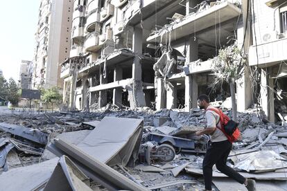 Debris in a residential area in Dahieh, south of Beirut, following an Israeli bombardment on Tuesday.