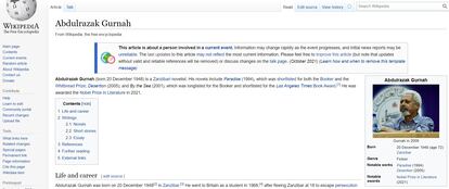 Entrada en Wikipedia, en inglés, sobre el escritor Abdulrazak Gurnah, premio Nobel de Literatura 2021.