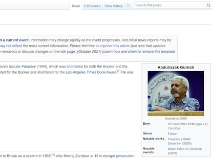 Entrada en Wikipedia, en inglés, sobre el escritor Abdulrazak Gurnah, premio Nobel de Literatura 2021.