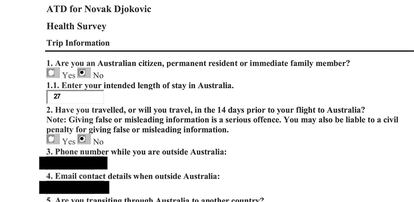 La declaración de viaje de Djokovic en los papeles para entrar a Australia.