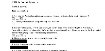 La declaración de viaje de Djokovic en los papeles para entrar a Australia.