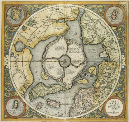 Polar Arcticus Septentrionalium Terrarum Descriptio. Mapa del &Aacute;rtico del atlas de Gerhard Mercator Sive Cosmographic&aelig;, Duisburgo, 1595.