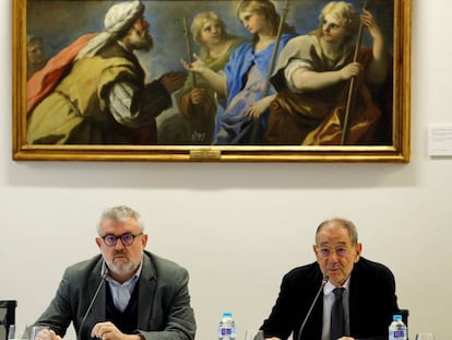 El director del Museo de Prado, Miguel Falomir y el presidente del Real Patronato, Javier Solana, este jueves en Madrid.