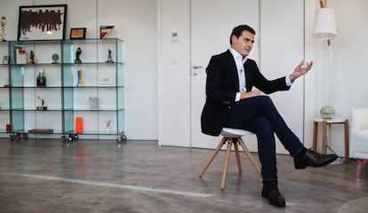 Albert Rivera during the interview from Ciudadanos headquarters.