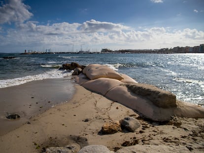 La playa de Carabuxeira (Sanxenxo), donde se han instalado geotubos para evitar que desaparezca la arena tras el cambio de corrientes provocado por el espigón del puerto deportivo, al fondo.