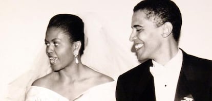 Retrato de la boda de Barack y Michelle Obama, en 1992.