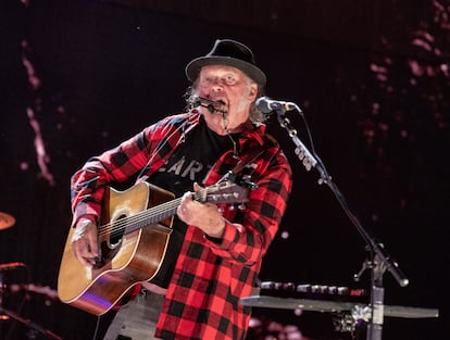 Neil Young during a concert in Saratoga, New York in 2024.