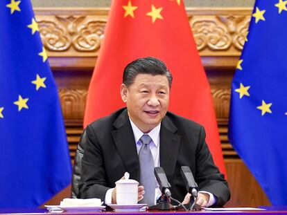 El presidente chino, Xi Jinping, durante la videoconferencia de este miércoles con los líderes de la Unión Europea.