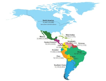 Esse mapa mostra o número de espécies de plantas que existem em diferentes territórios da América. Entre parênteses está indicada a quantidade de exemplares endêmicos de cada área.