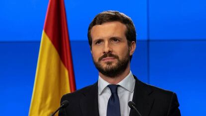 Pablo Casado, durante su comparecencia justo después de la del presidente del Gobierno.