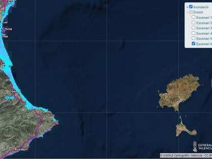 Captura del visor cartográfico del impacto del cambio climático en su peor escenario en una parte de la costa valenciana.