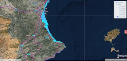 Captura del visor cartográfico del impacto del cambio climático en su peor escenario en una parte de la costa valenciana.