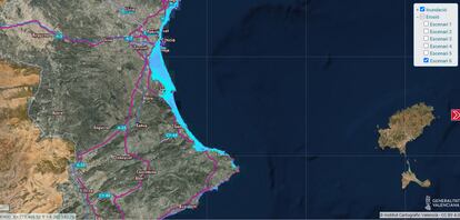 Captura del visor cartográfico del impacto del cambio climático en su peor escenario en una parte de la costa valenciana.