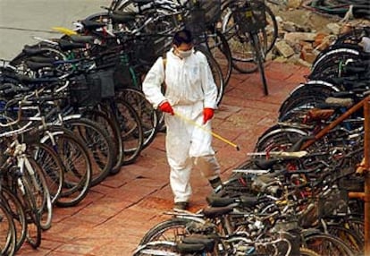 Un sanitario desinfecta ayer centenares de bicicletas de estudiantes sometidos a cuarentena en un barrio del norte de Pekín.
/ ASSOCIATED PRESS