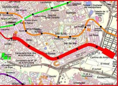 Mapa de la ampliación de la línea 2 desde La Elipa a este barrio de Sab Blas.