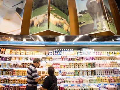 Seção de laticínios em um supermercado.