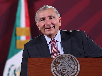 El secretario de Gobernación, Adán Augusto López, durante la conferencia de prensa matutina de este miércoles.