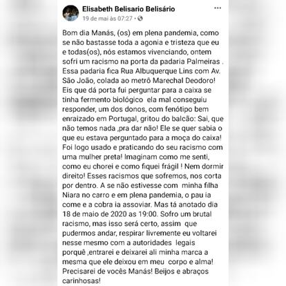 Relato publicado por Beth Beli poucas horas após o fato