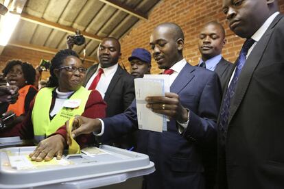 El principal líder opositor de Zimbabue, Nelson Chamisa, vota en un colegio electoral en Harare.
