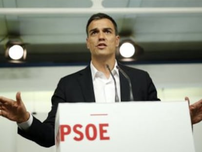 Pedro Sánchez, en una rueda de prensa en la sede nacional del PSOE.