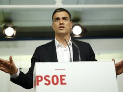 Pedro Sánchez, en una rueda de prensa en la sede nacional del PSOE.