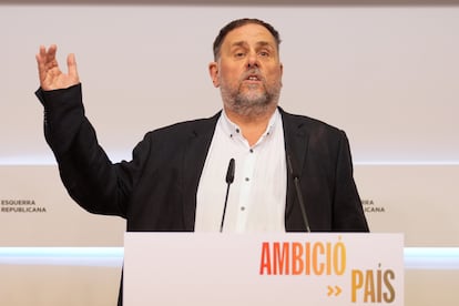El presidente de ERC, Oriol Junqueras, este sábado, en la sede del partido en Barcelona.