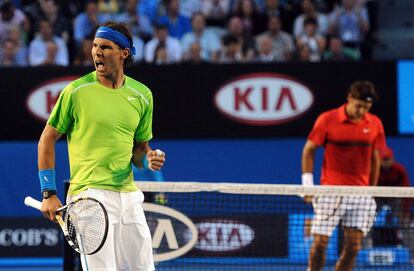 Rafael Nadal celebra su victoria frente a Roger Federer, 
 en la semifinal del Aboerto de Australia, el 26 de enero de 2012. 