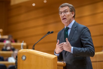 El líder del PP, Alberto Núñez Feijóo, en su comparecencia de este martes en el Senado.