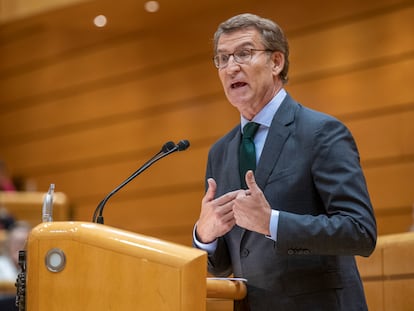 El líder del PP, Alberto Núñez Feijóo, en su comparecencia de este martes en el Senado.