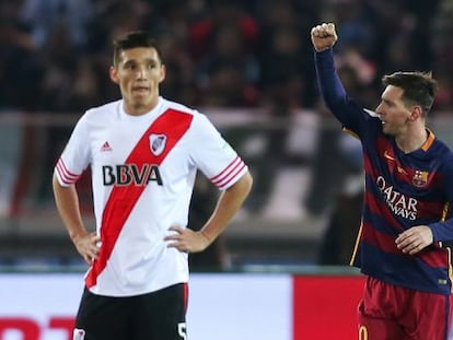 Messi festeja el primer gol del Barcelona frente al River.