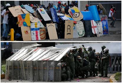 Arriba, los escudos de defensa de manifestantes; abajo, agentes de la Guardia Nacional de Venezuela, este miércoles en Caracas.