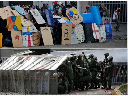 Arriba, los escudos de defensa de manifestantes; abajo, agentes de la Guardia Nacional de Venezuela, este miércoles en Caracas.