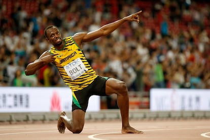 Bolt, en su particular gesto de victoria.