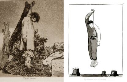 A la izquierda, el cuadro titulado 'Tampoco' de Goya y un dibujo de El Roto.