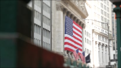 New York Manhattan Downtown Financial District, USA. American Wall street Stock Exchange building.