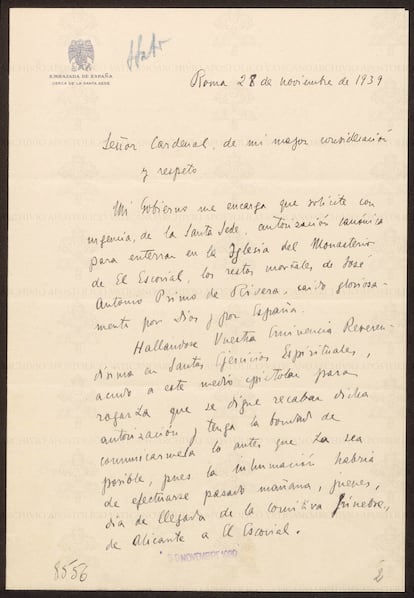 Documento secreto del Vaticano en relación al traslado de los restos de José Antonio Primo de Rivera, en 1939, uno de los documentos hallados en la investigación de Cerdà. 