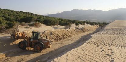 Una excavadora retira arena de la duna de Valdevaqueros.
