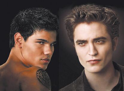 <b>Taylor Lautner (izquierda) y Robert Pattinson: el chico-lobo y el vampiro <i>teen,</i> enfrentados por conquistar a Kristen Stewart (Bella) en <i>Luna nueva.</i></b>