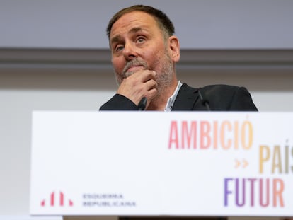 El presidente de ERC, Oriol Junqueras, este sábado, en la sede del partido en Barcelona.