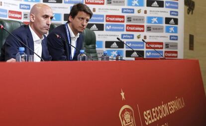 Luis Rubiales, en la conferencia de prensa en la que anuncia la destitución de Lopetegui.