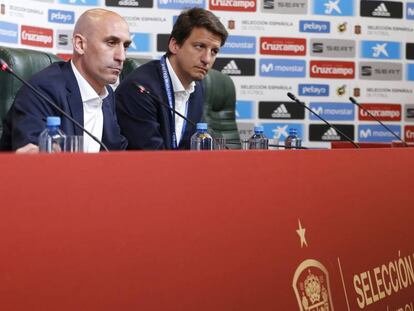 Luis Rubiales, en la conferencia de prensa en la que anuncia la destitución de Lopetegui.