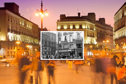 La confitería Mallorquina (en la imagen central, en 1953) continúa instalada en la Puerta del Sol de Madrid.