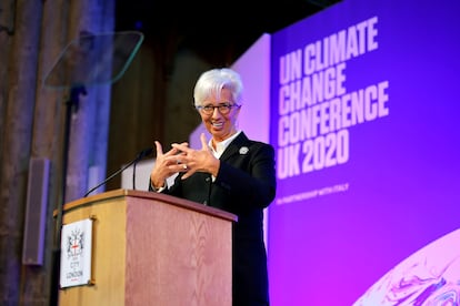 La presidenta del BCE, Christine Lagarde, en una conferencia de Naciones Unidas sobre cambio climático, en febrero de 2020.