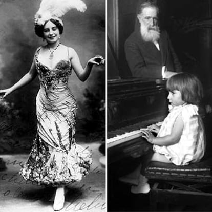 A la izquierda, retrato realizado en 1912 de la actriz, cantante y bailarina Consuelo Portella Audet, <i>La Chelito,</i> que popularizó la canción de <i>La pulga y</i> fue la reina del teatro <b>El Chantecler. A la derecha, el compositor Tomás Bretón, apoyado en el piano, en una foto de los años veinte.