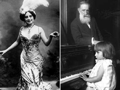 A la izquierda, retrato realizado en 1912 de la actriz, cantante y bailarina Consuelo Portella Audet, <i>La Chelito,</i> que popularizó la canción de <i>La pulga y</i> fue la reina del teatro <b>El Chantecler. A la derecha, el compositor Tomás Bretón, apoyado en el piano, en una foto de los años veinte.